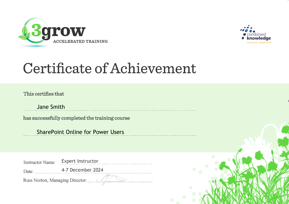 Sample of a Power Platform certificate by 3grow